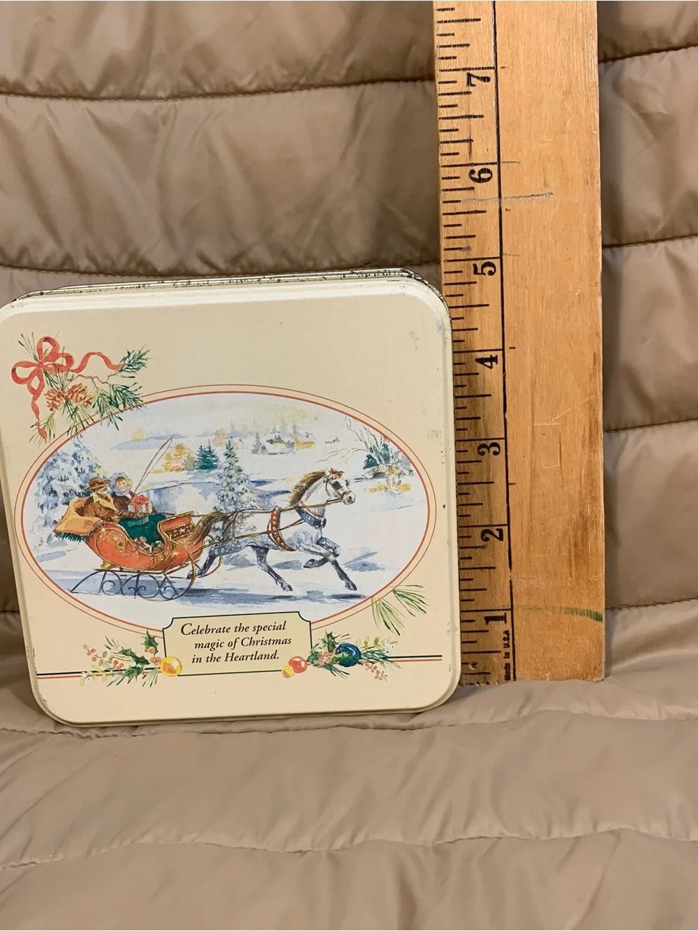 Vintage Swiss Colony Christmas Tin Set - Cream with Festive Winter Sleigh Scene